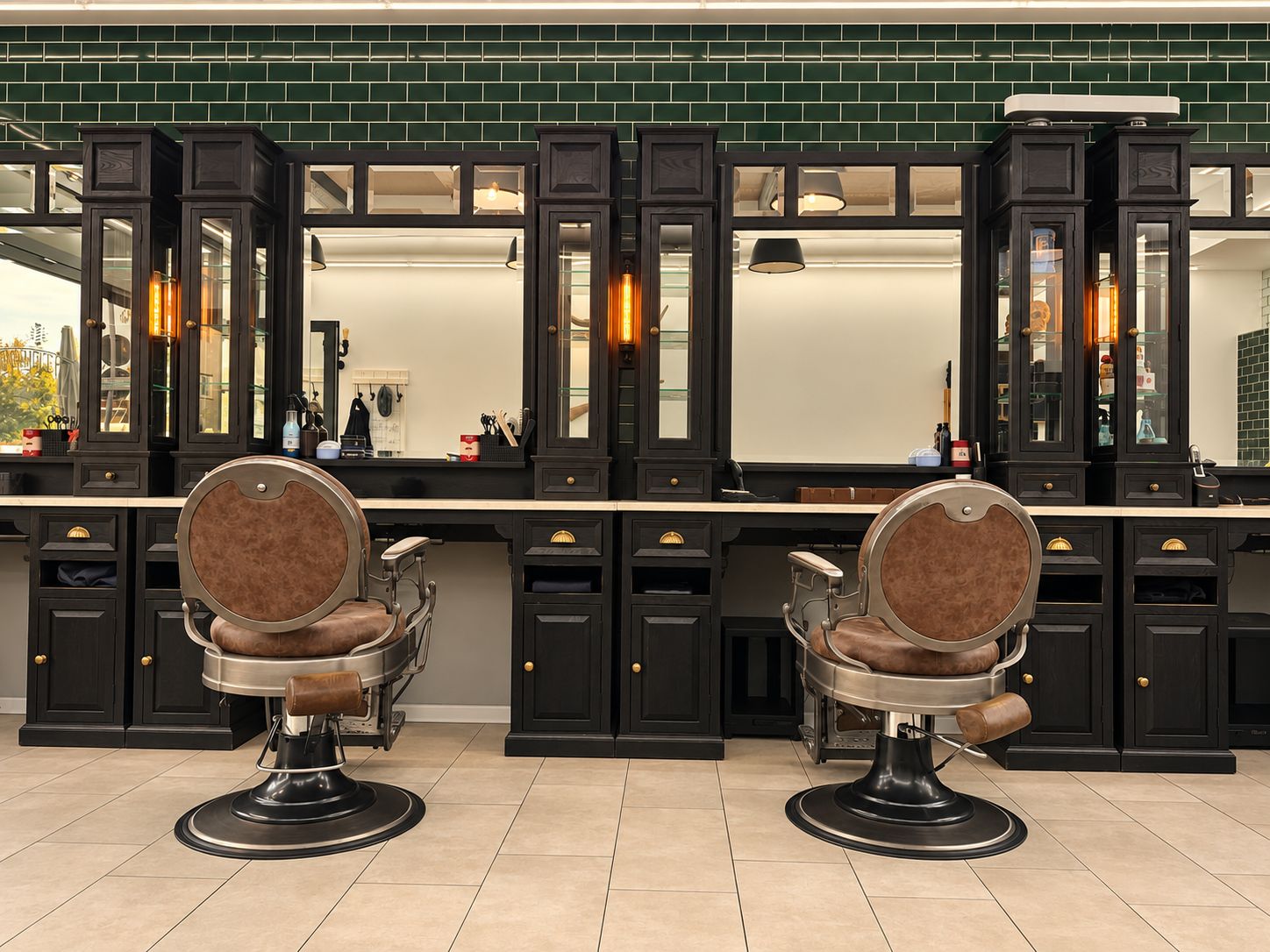 Zwei klassische Barberstühle vor dunklen Spiegelstationen im Gentlemen’s Room in Flörsheim